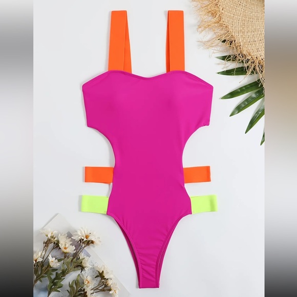 Swim Magenta Cut Out Neon One Piece Swimsuit High Cut Size Large 81 Poshmark